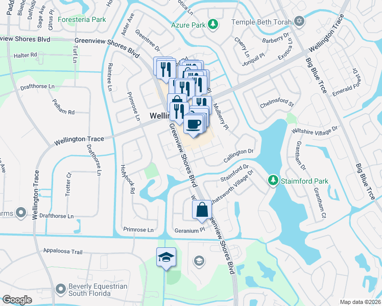 map of restaurants, bars, coffee shops, grocery stores, and more near 1519 Westchester Avenue in Wellington