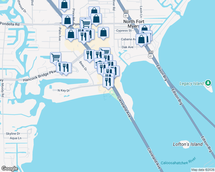 map of restaurants, bars, coffee shops, grocery stores, and more near in North Fort Myers