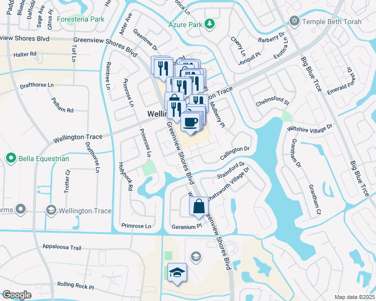 map of restaurants, bars, coffee shops, grocery stores, and more near 1519 Westchester Avenue in Wellington