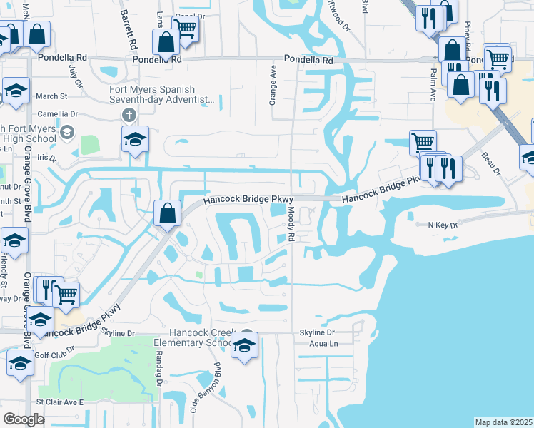 map of restaurants, bars, coffee shops, grocery stores, and more near 13215 Silver Thorn Loop in North Fort Myers