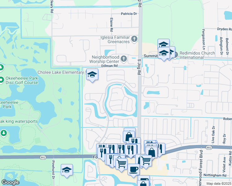 map of restaurants, bars, coffee shops, grocery stores, and more near 1103 Hatteras Circle in Greenacres
