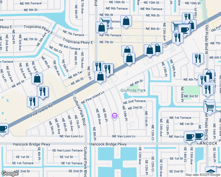 map of restaurants, bars, coffee shops, grocery stores, and more near 943 Pine Island Road in Cape Coral