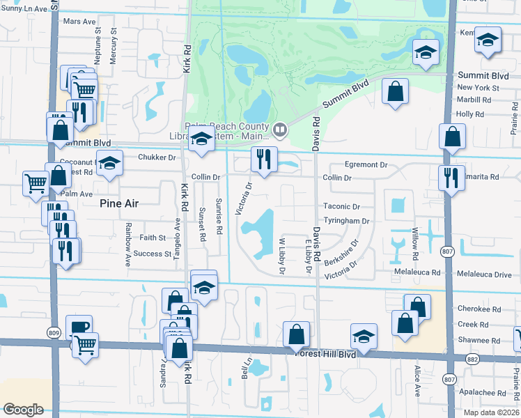 map of restaurants, bars, coffee shops, grocery stores, and more near 3849 Victoria Drive in West Palm Beach