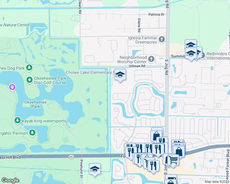 map of restaurants, bars, coffee shops, grocery stores, and more near 1229 Olympic Circle in Greenacres