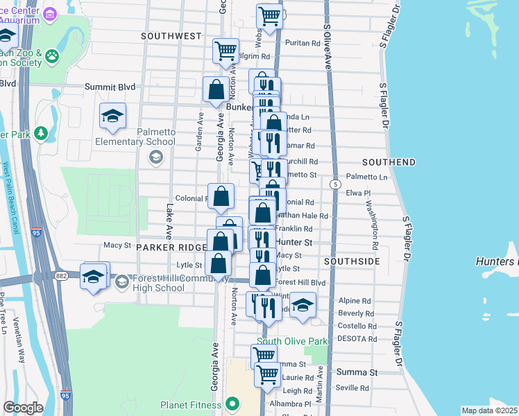 map of restaurants, bars, coffee shops, grocery stores, and more near 410 Colonial Road in West Palm Beach