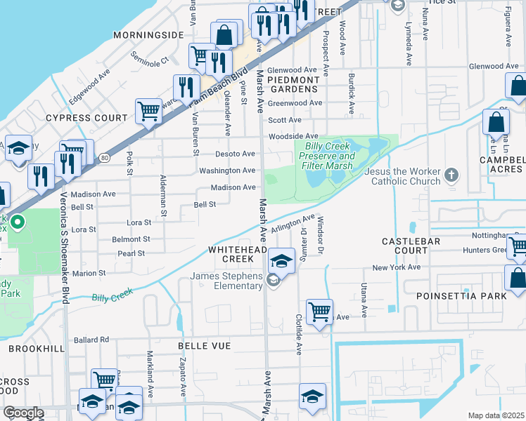 map of restaurants, bars, coffee shops, grocery stores, and more near 1021 Marsh Avenue in Fort Myers