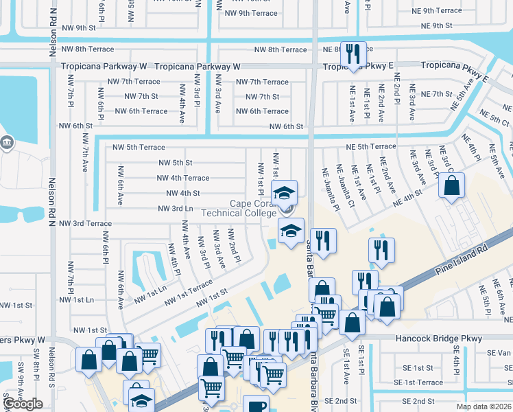 map of restaurants, bars, coffee shops, grocery stores, and more near 332 Northwest 1st Place in Cape Coral