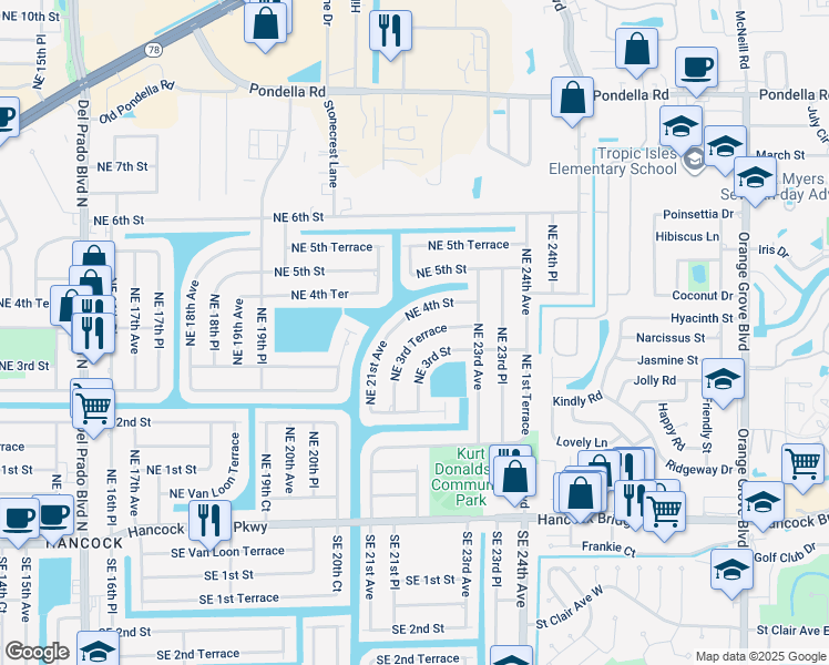 map of restaurants, bars, coffee shops, grocery stores, and more near 2111 Northeast 3rd Terrace in Cape Coral