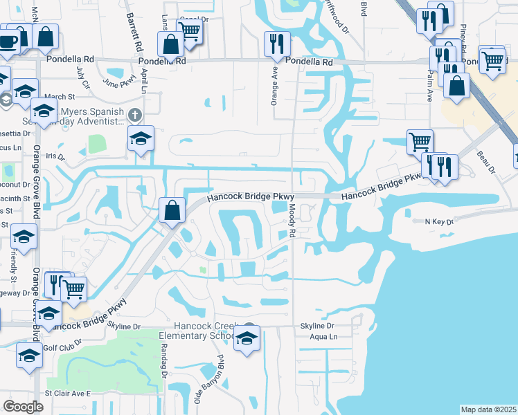map of restaurants, bars, coffee shops, grocery stores, and more near 3191-3201 Moody River Boulevard in North Fort Myers