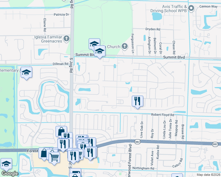 map of restaurants, bars, coffee shops, grocery stores, and more near 6128 Rancho Ln in Greenacres