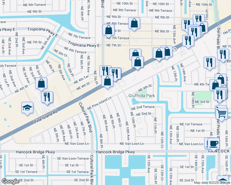 map of restaurants, bars, coffee shops, grocery stores, and more near 943 Pine Island Road in Cape Coral