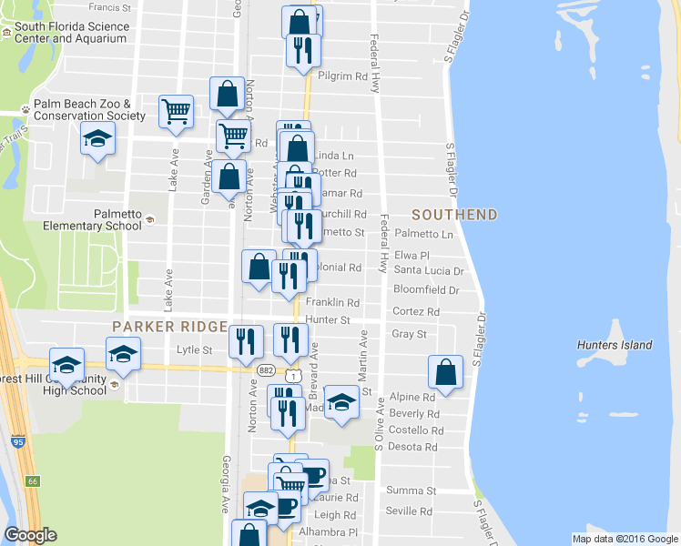 map of restaurants, bars, coffee shops, grocery stores, and more near 345 Colonial Road in West Palm Beach