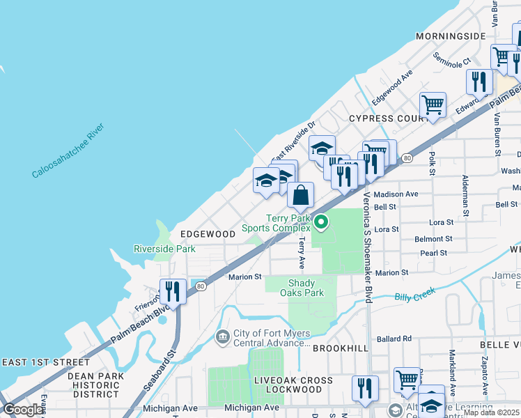 map of restaurants, bars, coffee shops, grocery stores, and more near 3339 Edgewood Avenue in Fort Myers