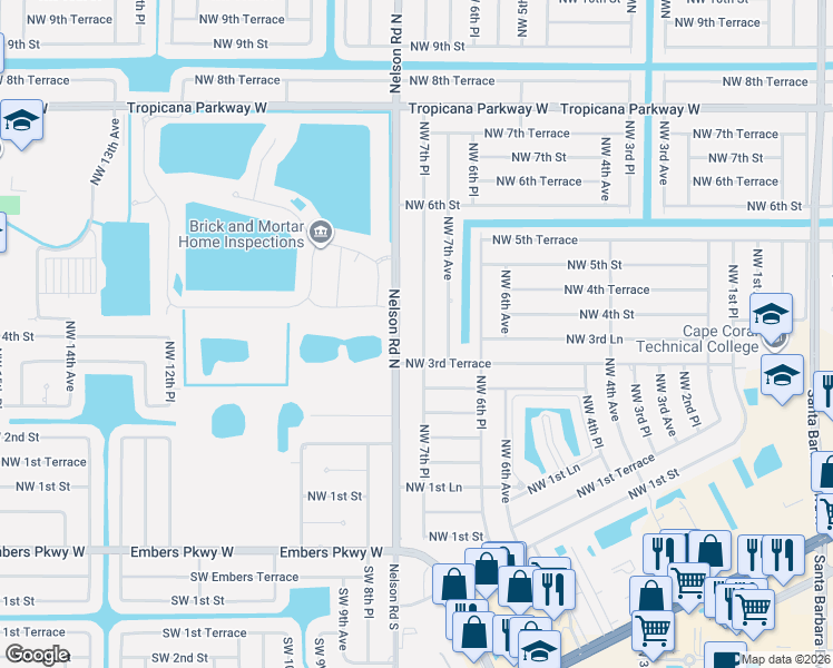 map of restaurants, bars, coffee shops, grocery stores, and more near 334 Northwest 7th Place in Cape Coral