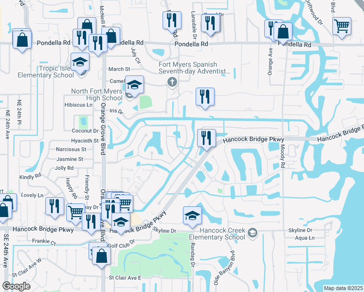 map of restaurants, bars, coffee shops, grocery stores, and more near 9239 Palm Island Circle in North Fort Myers