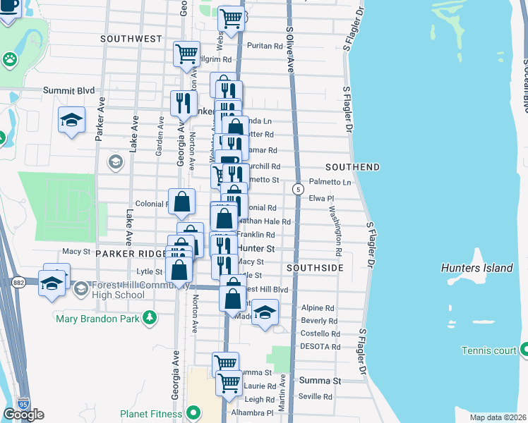 map of restaurants, bars, coffee shops, grocery stores, and more near 345 Colonial Road in West Palm Beach