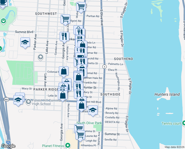 map of restaurants, bars, coffee shops, grocery stores, and more near 350 Colonial Road in West Palm Beach