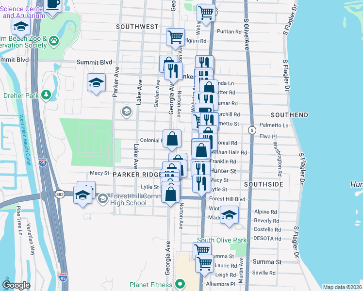 map of restaurants, bars, coffee shops, grocery stores, and more near 522 Colonial Road in West Palm Beach
