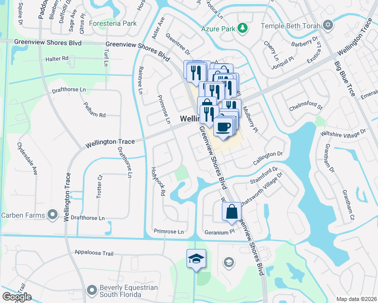 map of restaurants, bars, coffee shops, grocery stores, and more near 1519 Hawthorne Place in Wellington