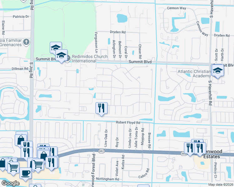 map of restaurants, bars, coffee shops, grocery stores, and more near 5670 Dewberry Way in West Palm Beach