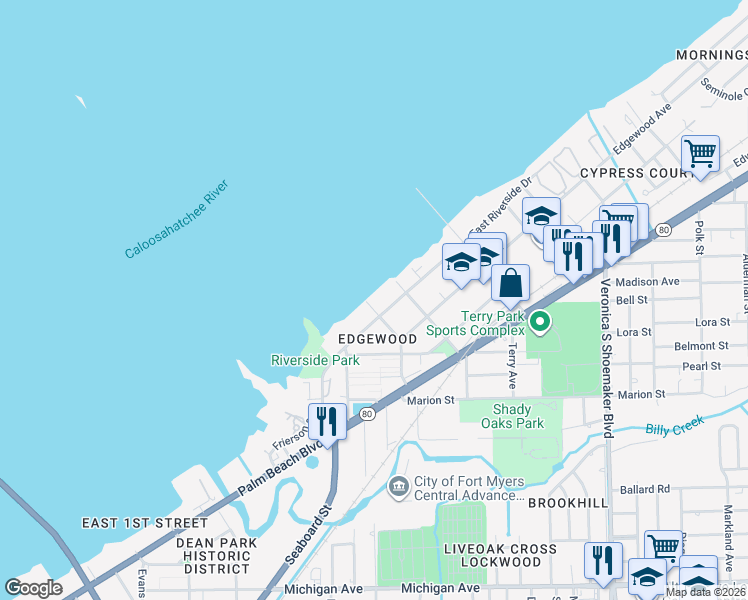 map of restaurants, bars, coffee shops, grocery stores, and more near 3225 East Riverside Drive in Fort Myers
