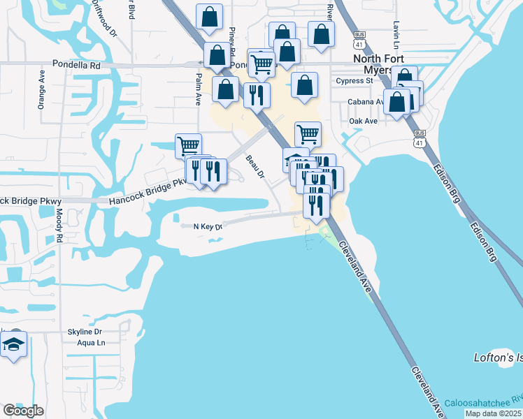 map of restaurants, bars, coffee shops, grocery stores, and more near 3355 North Key Drive in Fort Myers