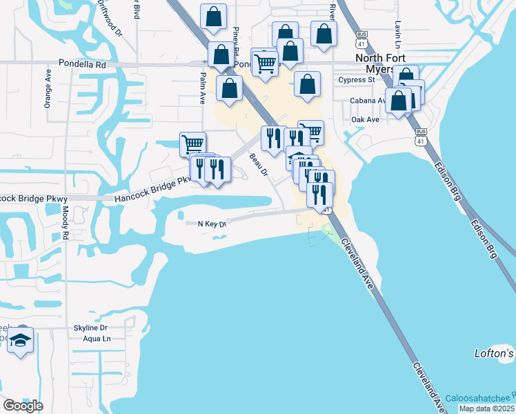 map of restaurants, bars, coffee shops, grocery stores, and more near 3355 North Key Drive in Fort Myers