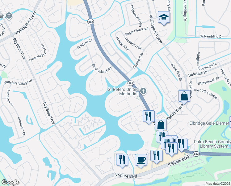 map of restaurants, bars, coffee shops, grocery stores, and more near 12646 Westhampton Circle in Wellington