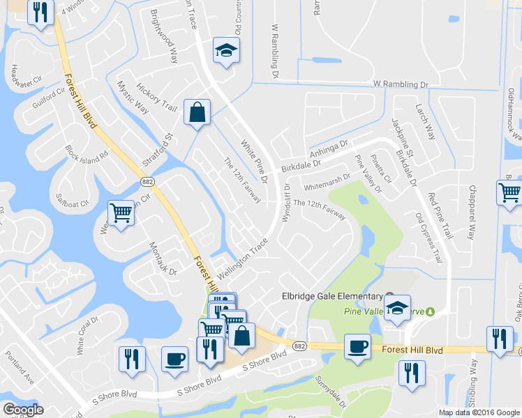 map of restaurants, bars, coffee shops, grocery stores, and more near 1481 White Pine Drive in Wellington