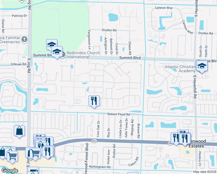 map of restaurants, bars, coffee shops, grocery stores, and more near 5670 Dewberry Way in West Palm Beach