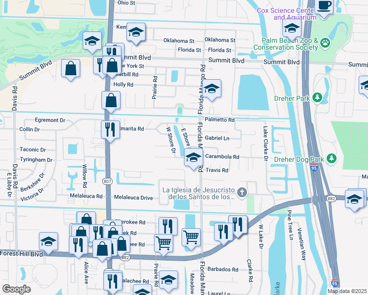 map of restaurants, bars, coffee shops, grocery stores, and more near 1092 West Shore Drive in West Palm Beach