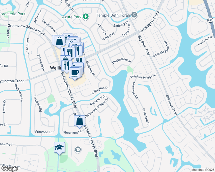 map of restaurants, bars, coffee shops, grocery stores, and more near 13679 Callington Drive in Wellington