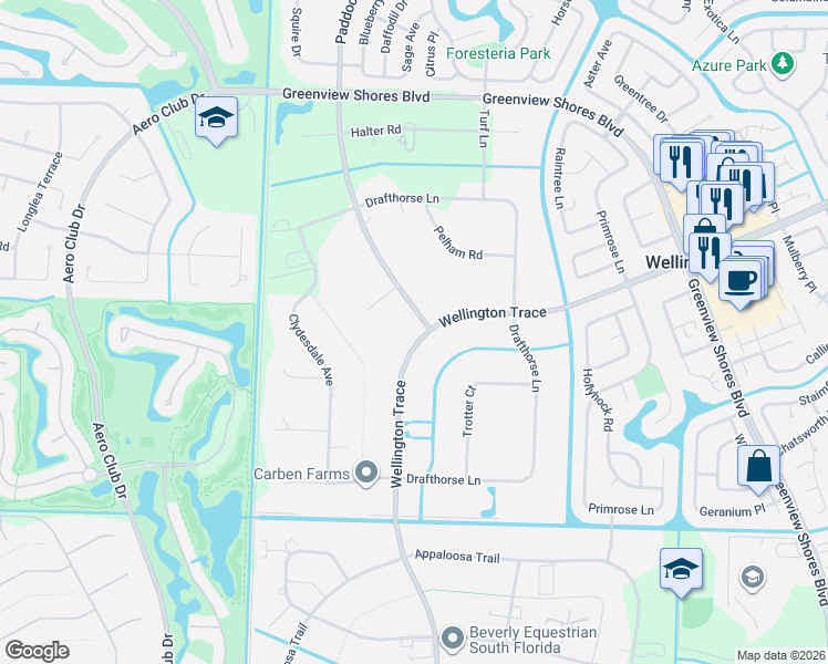 map of restaurants, bars, coffee shops, grocery stores, and more near 14943 Paddock Drive in Wellington