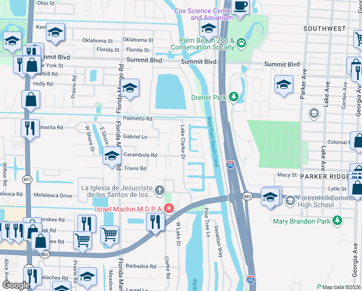 map of restaurants, bars, coffee shops, grocery stores, and more near 1151 Lake Clarke Drive in West Palm Beach