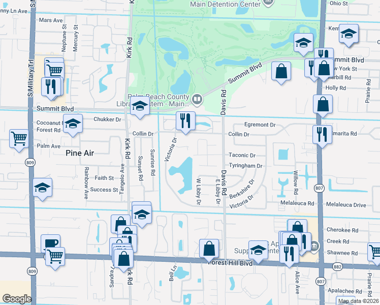 map of restaurants, bars, coffee shops, grocery stores, and more near 1181 West Mountain Drive in West Palm Beach