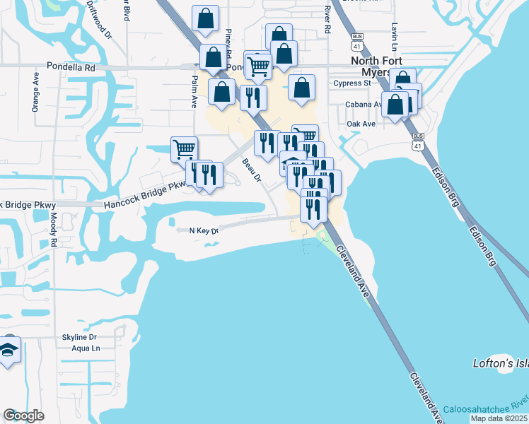 map of restaurants, bars, coffee shops, grocery stores, and more near 3341 North Key Drive in North Fort Myers