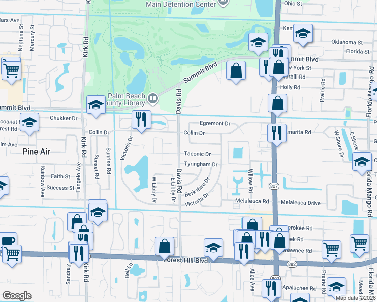 map of restaurants, bars, coffee shops, grocery stores, and more near 3451 Taconic Drive in West Palm Beach
