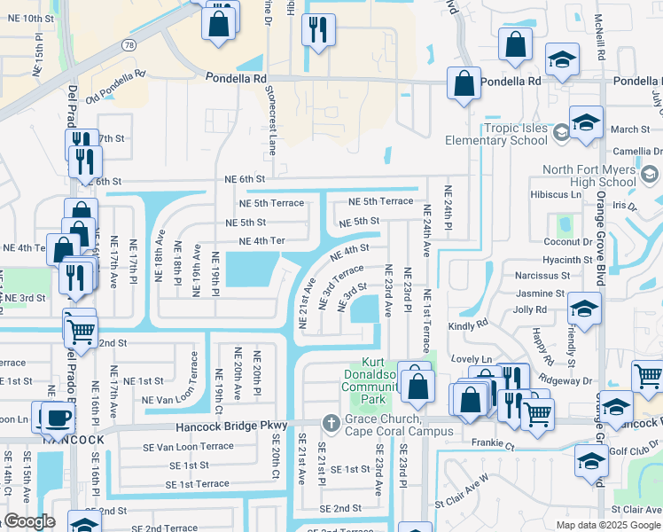 map of restaurants, bars, coffee shops, grocery stores, and more near 2114 Northeast 4th Street in Cape Coral