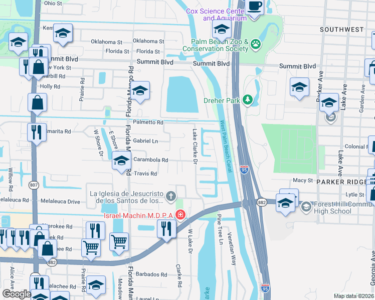 map of restaurants, bars, coffee shops, grocery stores, and more near 1151 Lake Clarke Drive in West Palm Beach