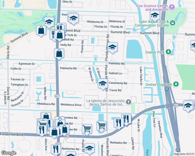 map of restaurants, bars, coffee shops, grocery stores, and more near 1092 West Shore Drive in West Palm Beach