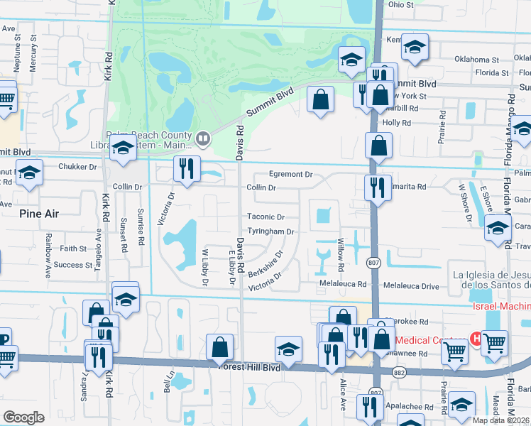 map of restaurants, bars, coffee shops, grocery stores, and more near 3451 Taconic Drive in West Palm Beach