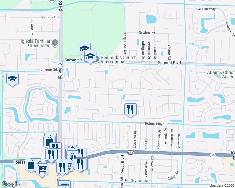 map of restaurants, bars, coffee shops, grocery stores, and more near 6137 Wildfire Way in West Palm Beach