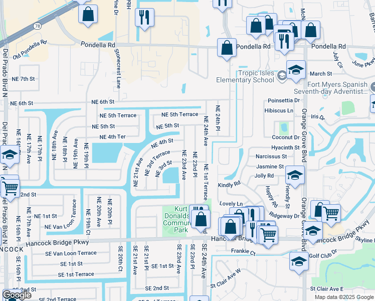 map of restaurants, bars, coffee shops, grocery stores, and more near 313 Northeast 23rd Avenue in Cape Coral