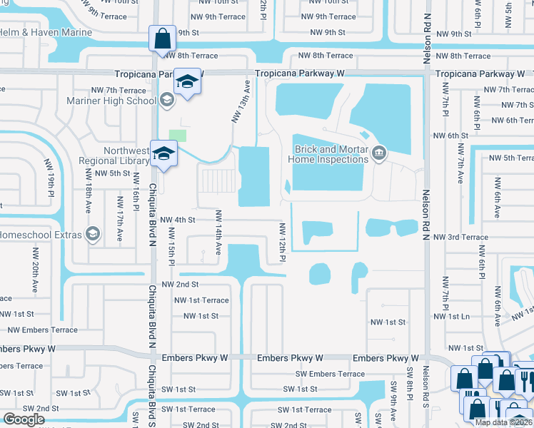 map of restaurants, bars, coffee shops, grocery stores, and more near 1215 Northwest 4th Street in Cape Coral