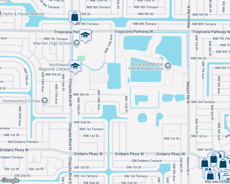 map of restaurants, bars, coffee shops, grocery stores, and more near 1215 Northwest 4th Street in Cape Coral