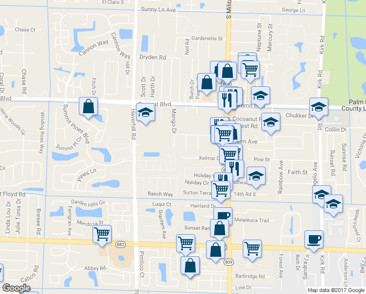 map of restaurants, bars, coffee shops, grocery stores, and more near 1221 Kent St in West Palm Beach