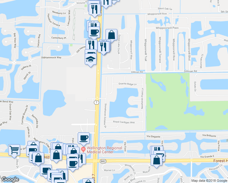 map of restaurants, bars, coffee shops, grocery stores, and more near 1354 Pebble Ridge Lane in West Palm Beach