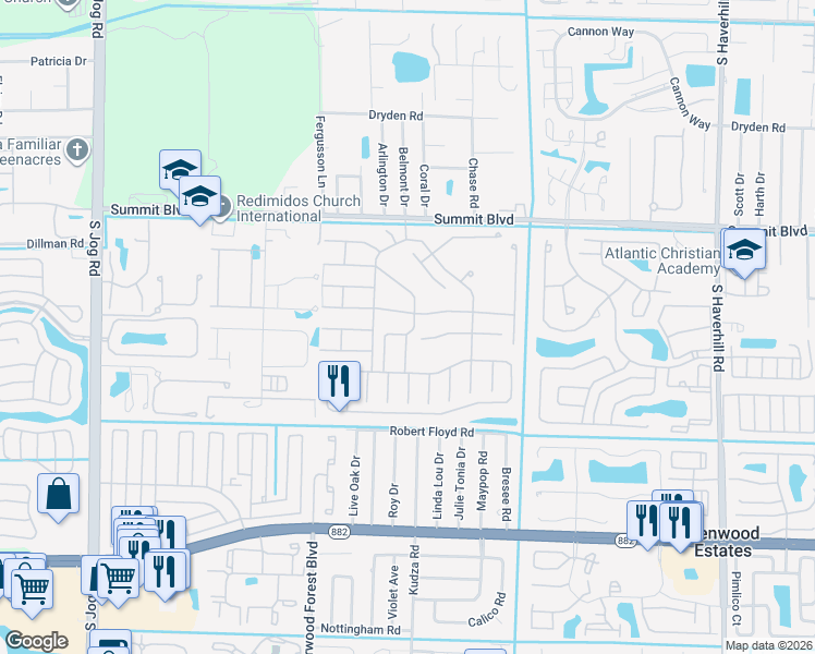 map of restaurants, bars, coffee shops, grocery stores, and more near 5670 Dewberry Way in West Palm Beach