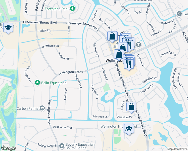 map of restaurants, bars, coffee shops, grocery stores, and more near 1566 Hollyhock Road in Wellington