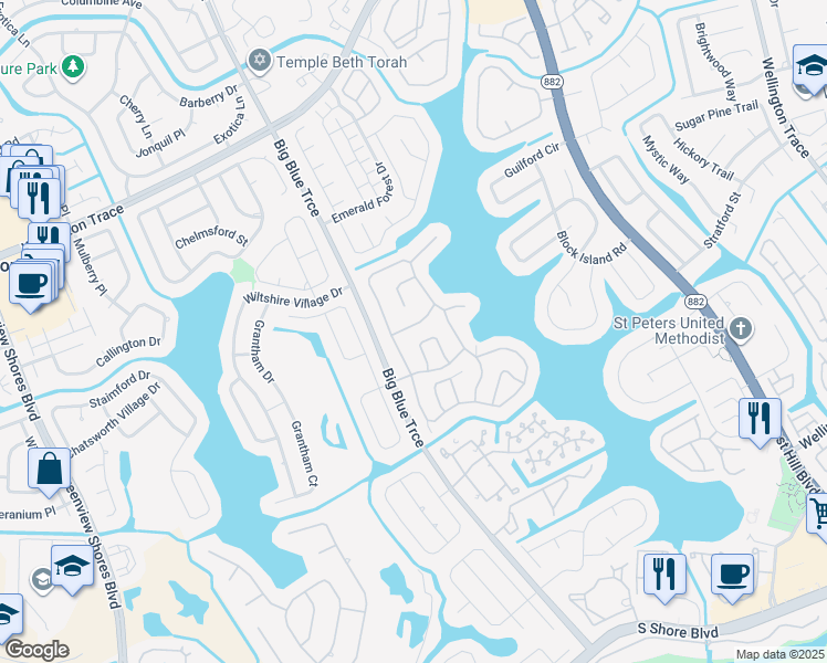 map of restaurants, bars, coffee shops, grocery stores, and more near 12980 Blue Lake Drive in Wellington